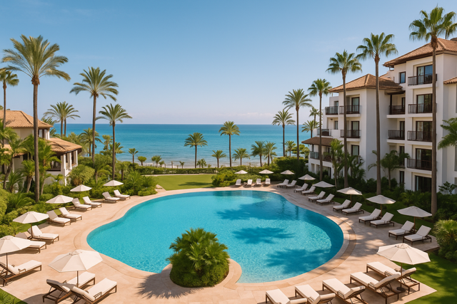 A hotel swimming pool in the sunshine 