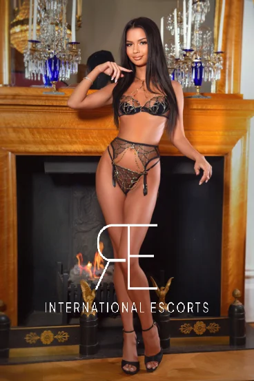 Escort in Marylebone Tarina standing by a fireplace 